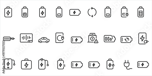 Extensive Icon Set for Battery and Charging Technology with Electric Car and Warning Symbol electricity