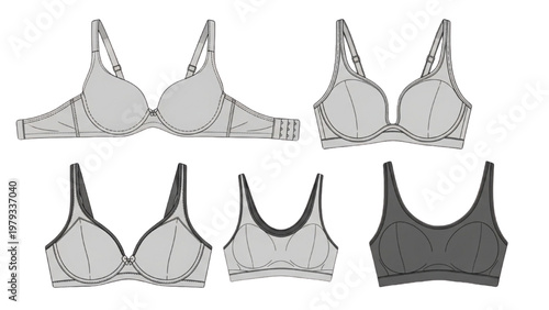 Vector CAD designs showcase various bra styles in detailed illustrations