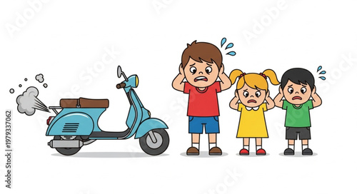Children Covering Ears From Loud Scooter Noise.