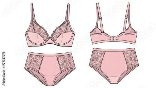 Vector CAD design of pink lingerie set including bra and panties