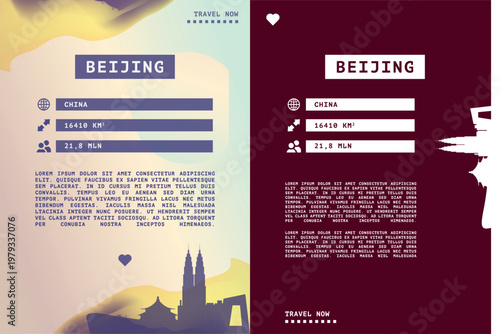 Beijing, China vector infographics, brochure layout set. Guide, leaflet, flyer, graphic templates pack with text, information, city skyline shape. Page, festival, cover mock up images series