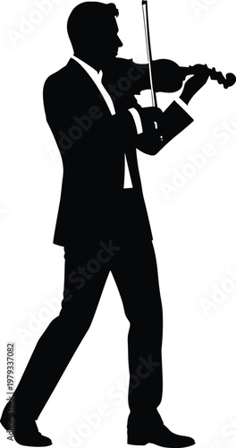 Full body silhouette of a professional male violinist in a suit playing the violin, classical musician performing, isolated on white background.