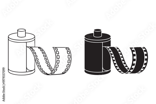 Film roll photography icon with negative strip for analog camera and vintage media concept