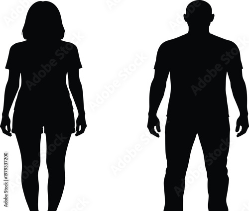 Full Body Silhouette of Man and Woman Wearing Casual T-Shirt Clothing Standing Isolated on White Background for Fashion Apparel Graphic Design