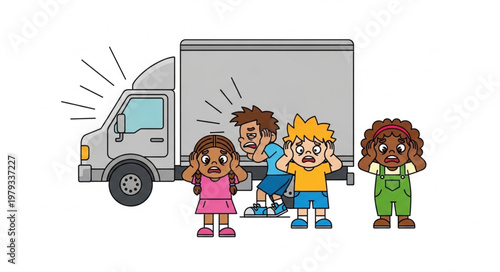 Children Covering Ears From Loud Truck Horn Sound.