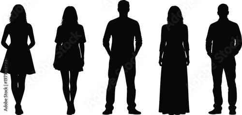 Full length black silhouettes of diverse men and women standing in a row against a white background for fashion and design
