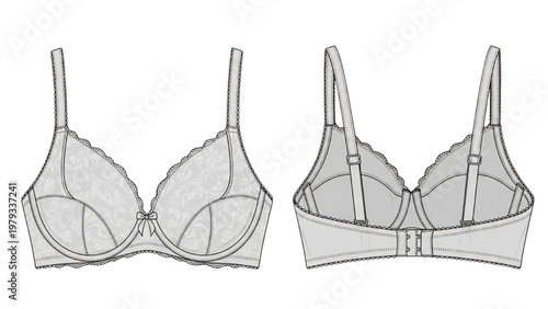 Detailed vector CAD drawings of a bra showcasing front and back views