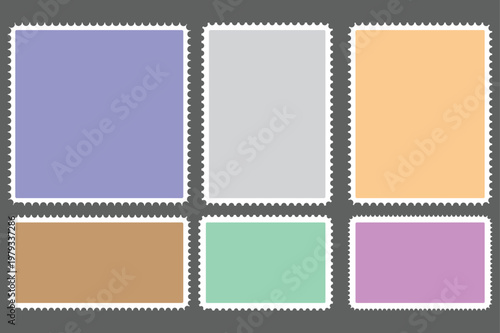 Postage stamp frame set with perforated edges photo placeholders template ideal for scrapbook, collage, vintage design, branding mockups and creative layouts