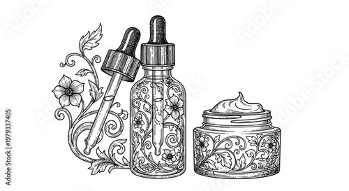 Elegant skincare products illustration bottle jar and dropper with floral elements