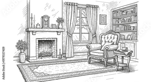 Elegant living room illustration with fireplace and classic furniture