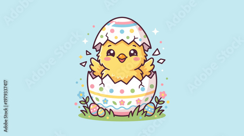 Adorable yellow chick hatching from a colorful Easter egg, surrounded by small flowers and Easter eggs.