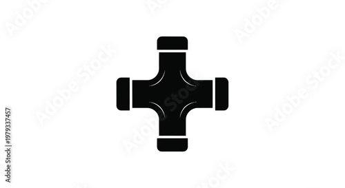 A stark black graphic depicts a stylized cross shaped plumbing or industrial fitting high quality professional