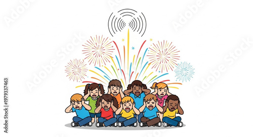 Children Covering Ears Watching Fireworks Display Celebration.