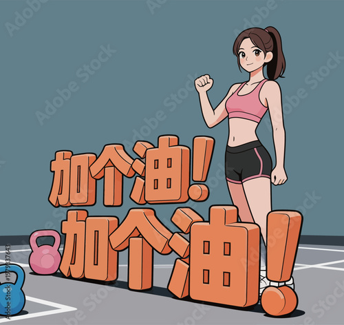 Cartoon Woman Encouraging with Fitness Motto