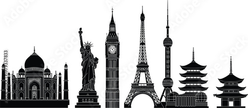 Global Landmark Silhouettes Vector Featuring Taj Mahal, Statue of Liberty, Big Ben, Eiffel Tower, Oriental Pearl Tower, and Japanese Pagoda Temples