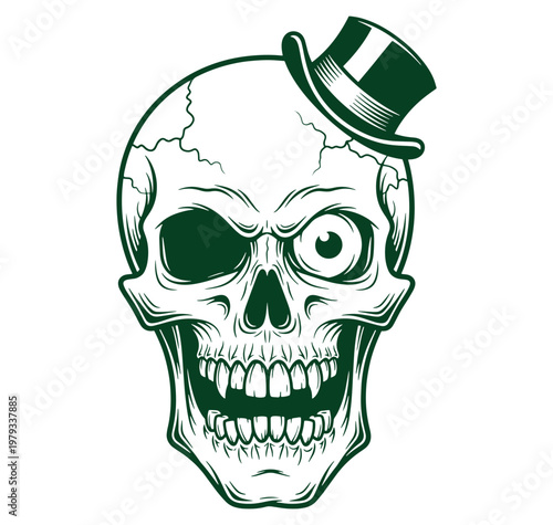 A green and white illustration of a skull wearing a top hat on transparent background