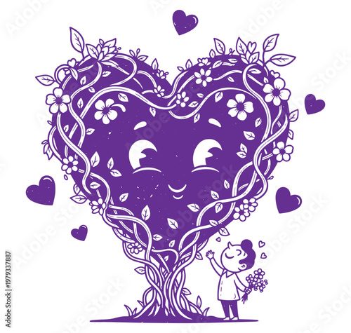 A purple heart shaped tree with a smiling face and a little girl holding flowers
