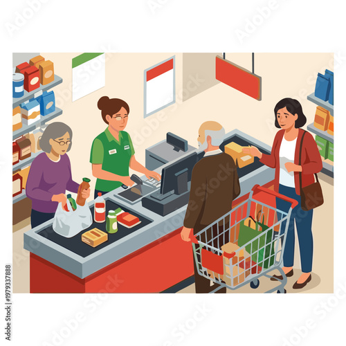 People shopping and paying with groceries at store checkout