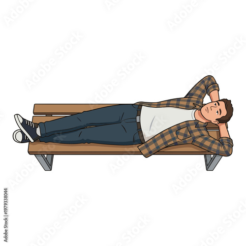 Man lying on a wooden bench in a relaxed position with hands on head