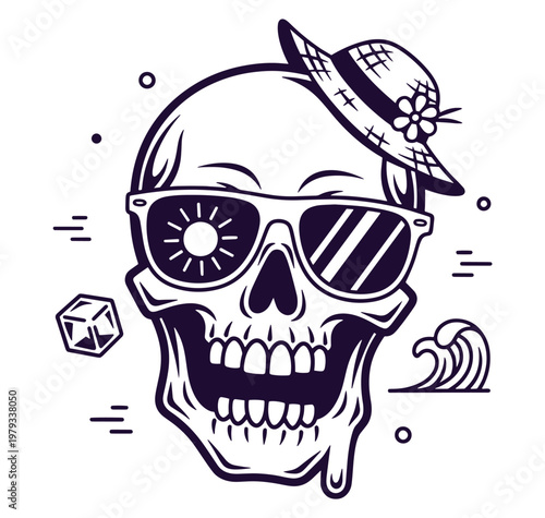 A stylized illustration of a smiling skull wearing sunglasses and a hat with a flower on a white background