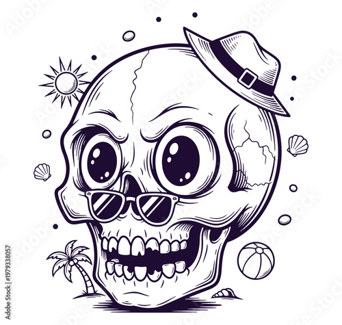 A smiling skull wearing sunglasses and a hat surrounded by beach elements