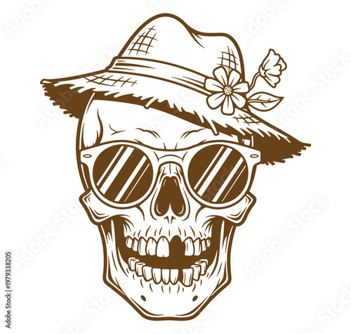 brown illustration of skull wearing sunglasses and straw hat with flower