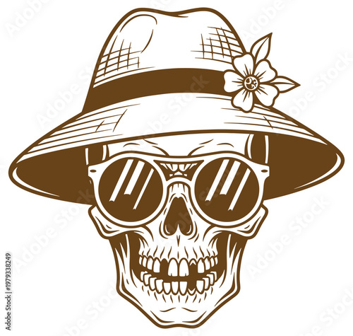 Brown skull wearing a hat and sunglasses with a flower decoration