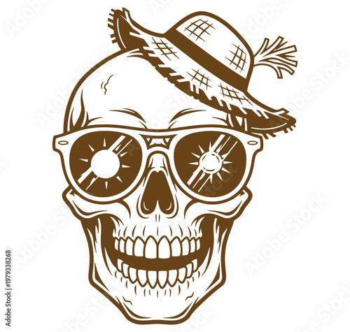 Brown skull wearing a hat and vintage sunglasses with sunburst designs on lenses isolated on transparent background