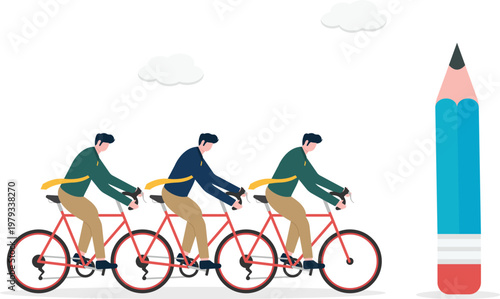 Team of professionals cycling towards a giant pencil