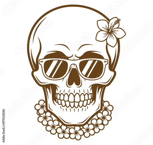 Brown skull with sunglasses and flower in hair on white background