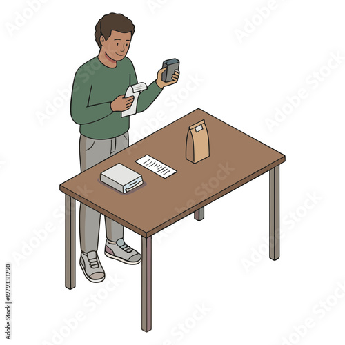Man standing by table holds phone and paper examines items
