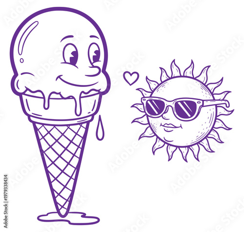 cartoon ice cream cone with smiling face and sun wearing sunglasses