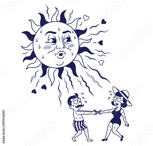Cartoon illustration of a couple holding hands under a smiling sun with hearts and sweat on a white background