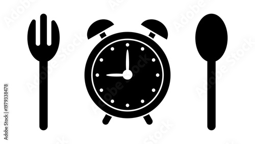 Silhouette icons of spoon, fork, and alarm clock isolated on white background, bold black shapes representing meal time, routine, and daily schedule concept.
