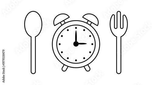Minimalist line icons of spoon, alarm clock, and fork isolated on white background, representing meal time, routine, and daily schedule concept in clean modern style.