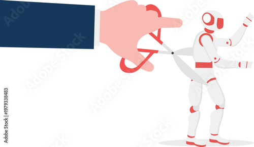 Giant hand with scissors cutting a robot winding key