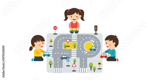 Three happy children are playing together with colorful toy cars on a detailed road map playmat featuring various traffic signs.