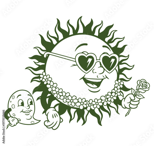 cartoon sun wearing sunglasses and flowers with smiling moon