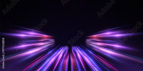 Purple speed stream background with glowing light trails on black. Futuristic vector motion effect for music visuals, tech banners and digital backdrops.