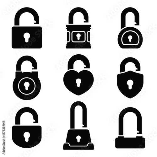 Collection of black unlocked padlock icons with keyhole, minimalist flat silhouette design for UI.