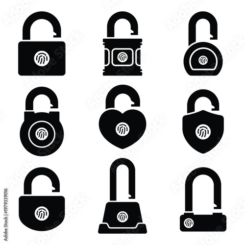 Biometric unlocked padlock icons with fingerprint sensor, black minimalist silhouette for smart access.