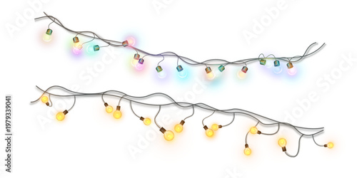 Glowing festive string light garlands with colorful and warm yellow bulbs isolated on transparent background. Christmas decoration set with soft luminous glow