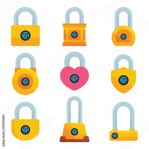 Modern flat biometric padlock icons with fingerprint sensor, colorful yellow security icons for apps.