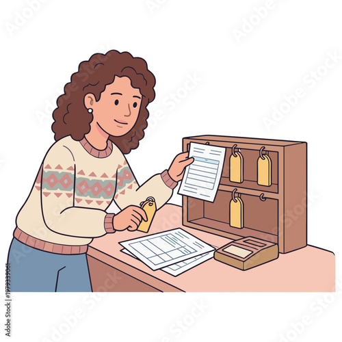 Woman examines documents at a desk with a cash register