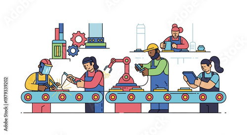 Automated factory production line with workers and robotic arm