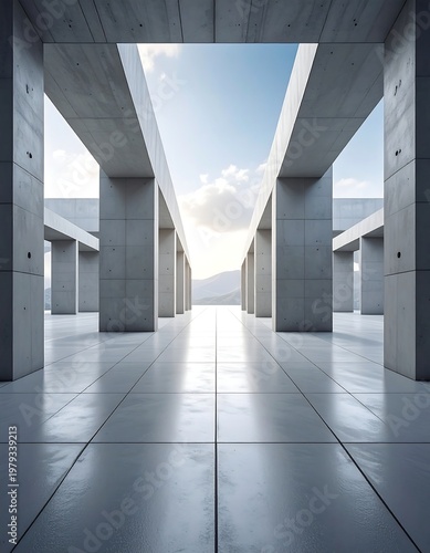 Architectural interior with concrete columns and a bright sky view, creating a symmetrical perspective