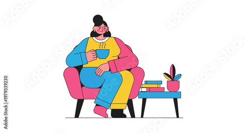 Woman in a colorful armchair enjoying a hot beverage and a good book on a side table