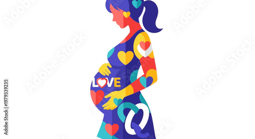 Beautifully illustrated pregnant woman with colorful hearts and the word 'Love' on her dress