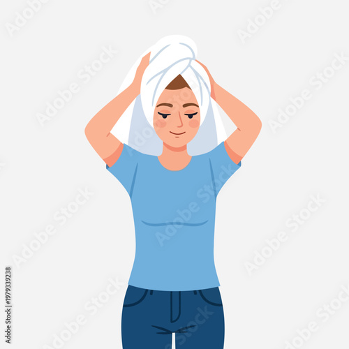 Flat Style Illustration Woman Drying Her Hair with Towel After Showering