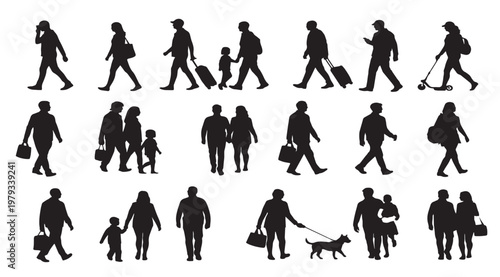 Walking people silhouettes set, diverse pedestrians and travelers with luggage vector, urban crowd walking dog and commuting icons